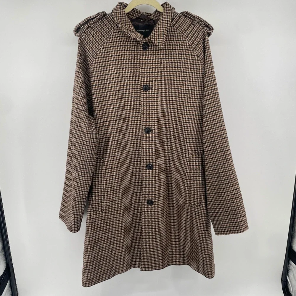 Banana Republic Car Coat Mens XL Brown Houndstooth Epaulet Wool Blend Jacket
